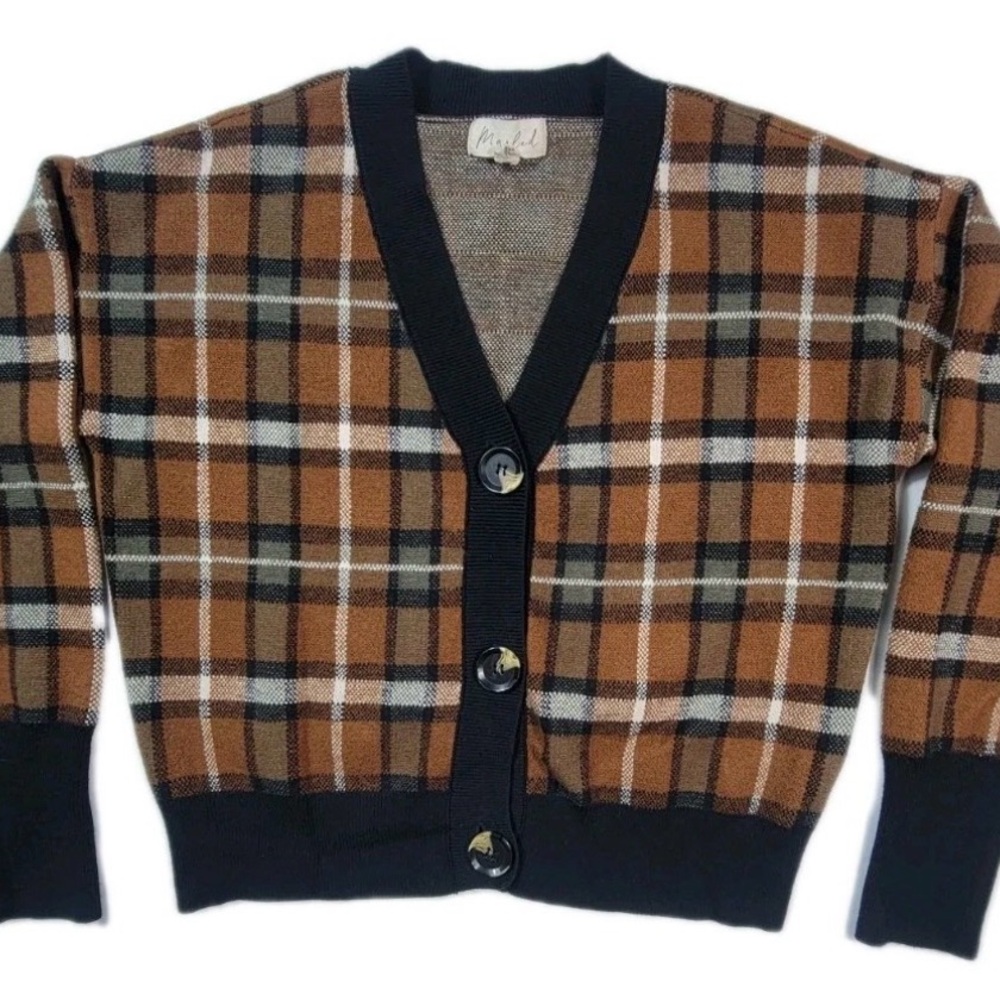 Women’s Marled Brown and Black Plaid Cardigan XL Like New! B#1